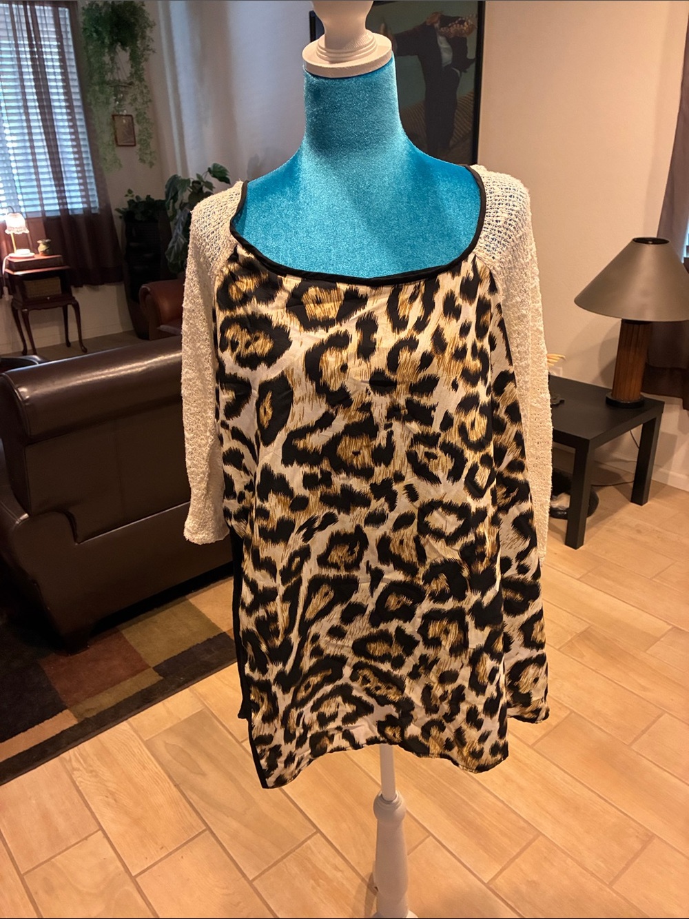Leopard Print Camisole with Cream Knit Sleeves
